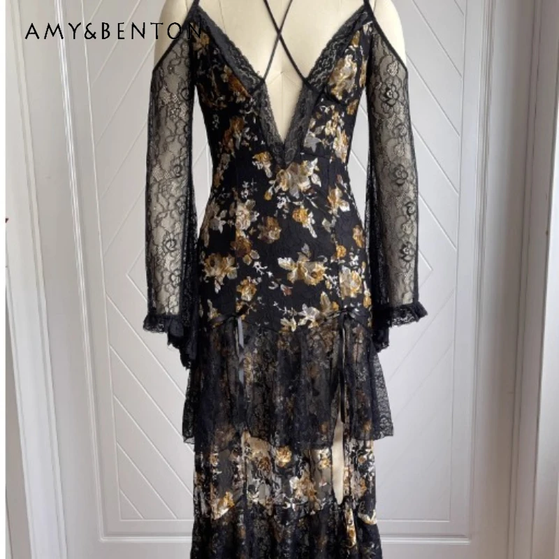 

Autumn New Black Floral Sexy Lace Women's Sling Long Dress Original Design Sweet Cool Off-Shoulder Long Sleeve Dresses Ladies