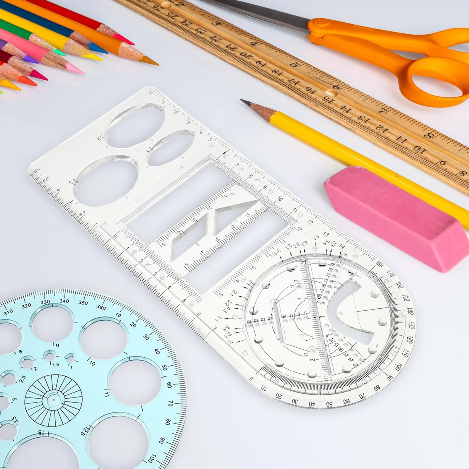 1Set Multifunctional Geometric Drawing Ruler Set Students Measuring Tool Protractor Clear Scale Plastic Material School