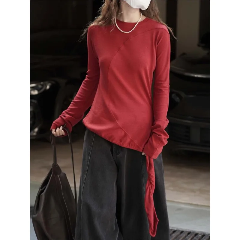 

Johnature New Autumn Winter Korean-style Irregular Lace-up Knit Slim Comfortable Top Simple Women Base T-shirts