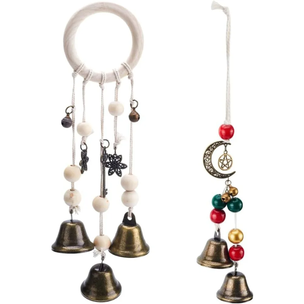 2Pcs 2 Style Iron Witch Bells Magic Wind Chimes Door Knob Hanger with Wood Bead Alloy Moon Star Witchcraft Decor making kit