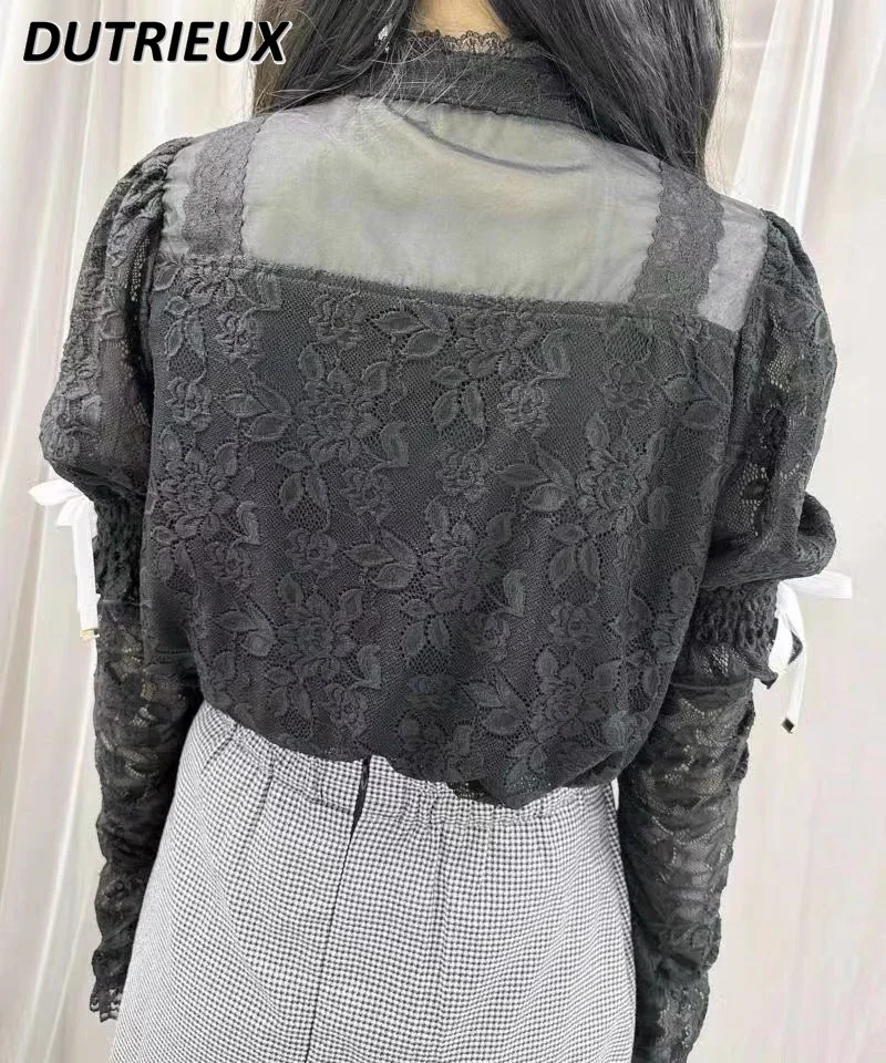 Chemisier élégant en dentelle Rolita pour femme, chemise à manches bulles, nœud document solide, mode décontractée, printemps, automne