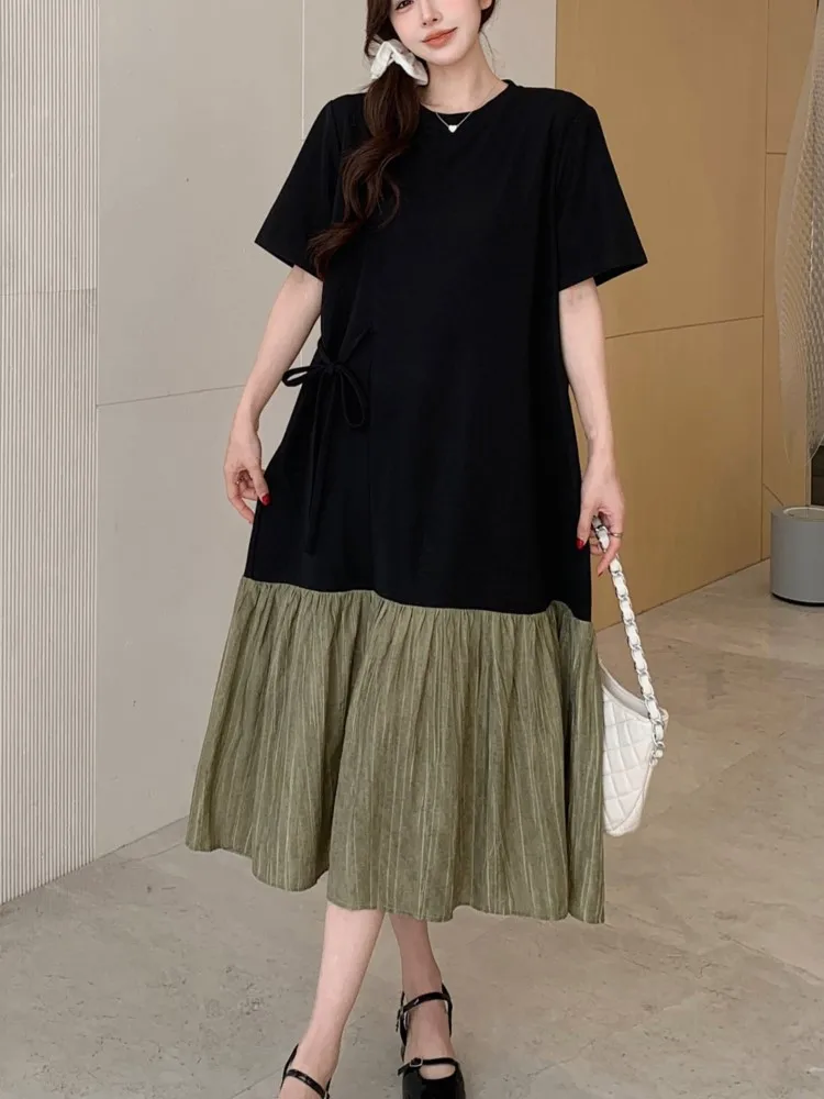 Summer Women's Loose Plus Size T-Shirt Dress Casual Jacquard Patchwork Ladies Dresses Vestidos