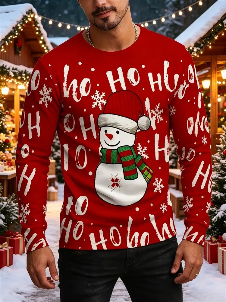 Men's Christmas Snowman Long Sleeve T-Shirt Ho Ho Ho All Over Print Graphic Tee Red Xmas Holiday Pullover Tops Gift 2026