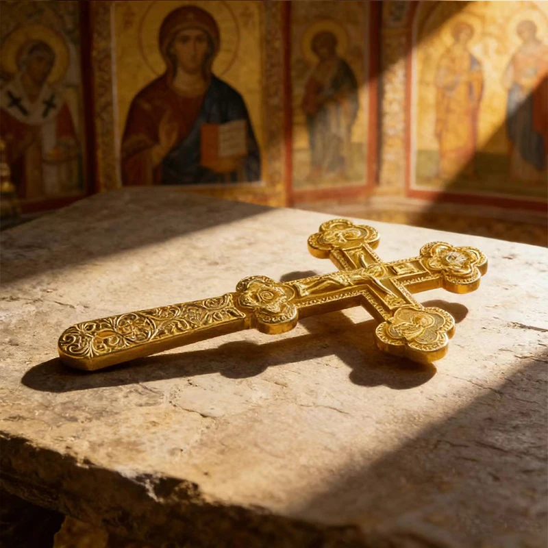 HTISOK Neues Elegantes Goldfarbenes Orthodoxes Handkreuz mit Blumengravuren für Gottesdienste und Persönlichen Spirituellen Schutz – Detail 6