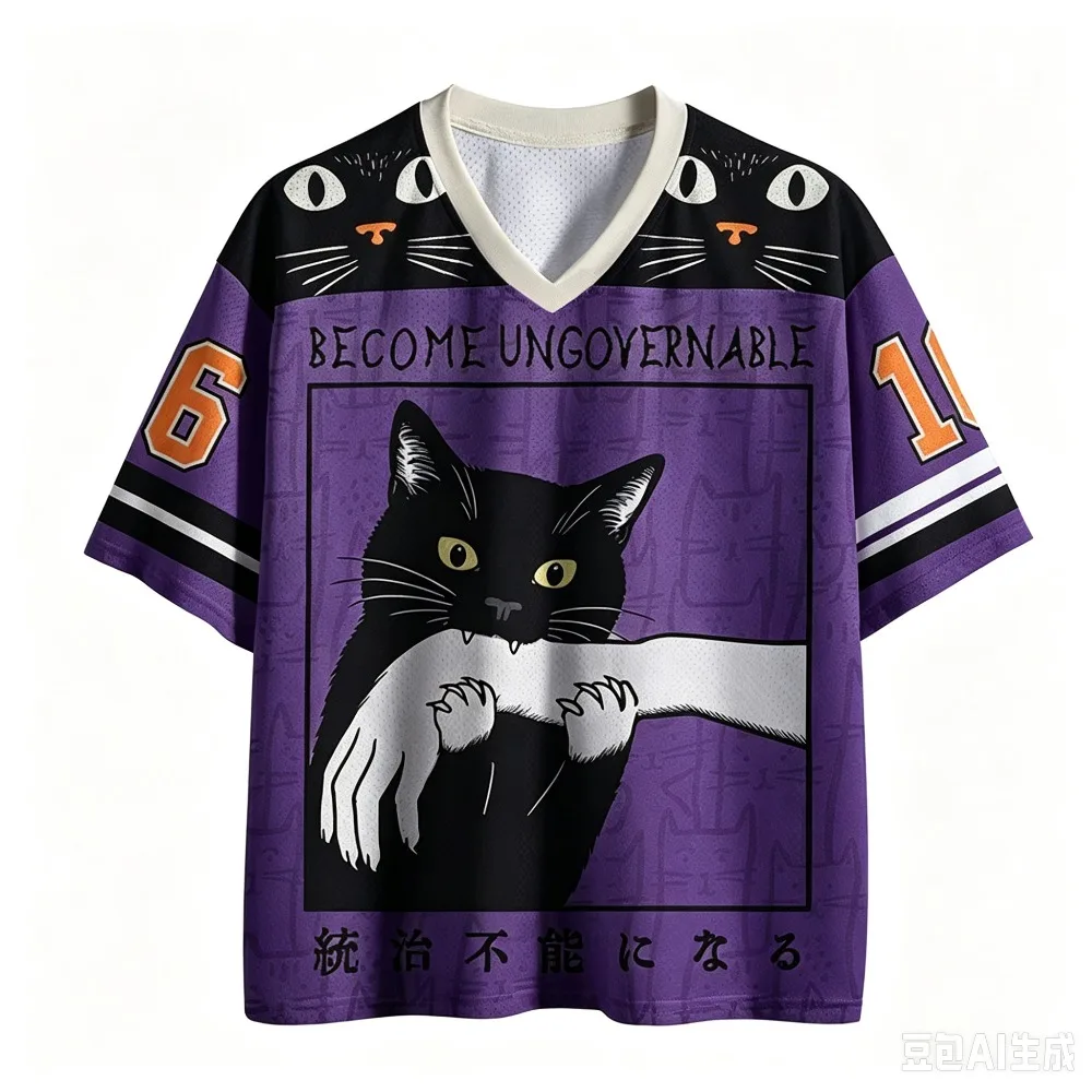 Erwachsenen- und Kinder-Version des 3D-gedruckten Sport-T-Shirts „Rebellious Black Cat“ mit dem Vintage-Bestseller-Design „Uncontrollable“ und V-Ausschnitt und kurzen Ärmeln – Detail 10