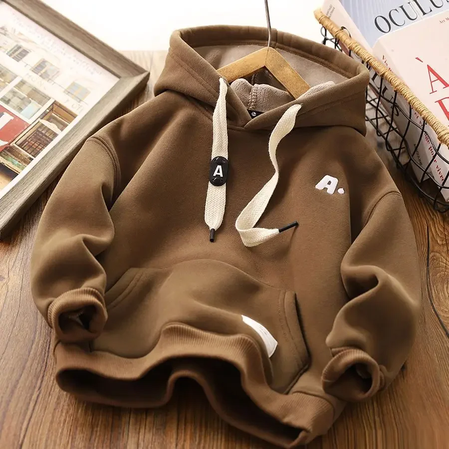 

2024 New teens children boy plus velvet letter hooded fashion Autumn and winter street fashion 5.6.7.8.9.10.11.12year hoodies