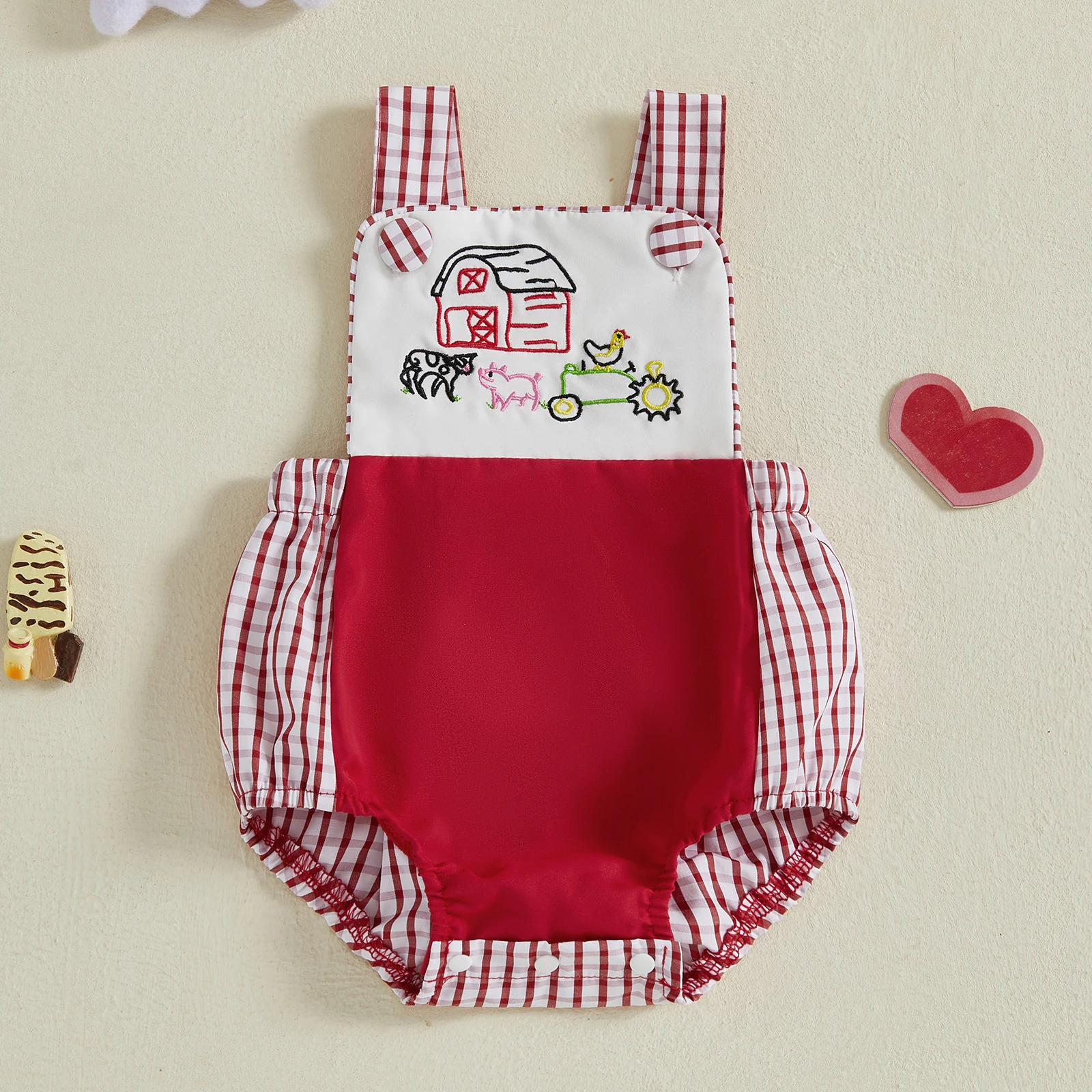 

Summer Baby Overalls Sleeveless Square Neck Farm Animal Embroidery Romper Newborn Outfit for Boys Girls 0-18 Months