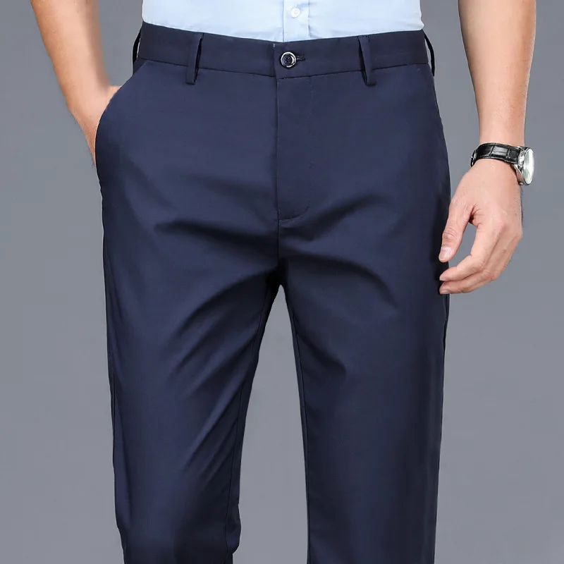 Pantalones informales de negocios finos a la moda para primavera y otoño para hombre, pantalones largos, pantalones formales de pierna recta elástica para hombre, talla grande 31-40
