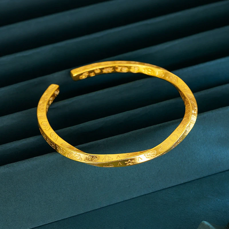 Luxury 100% 24K Ancient Gold Twist Flower Open Bangle, Lucky Words, Chinese Square Blessings Twist Rope Bracelet