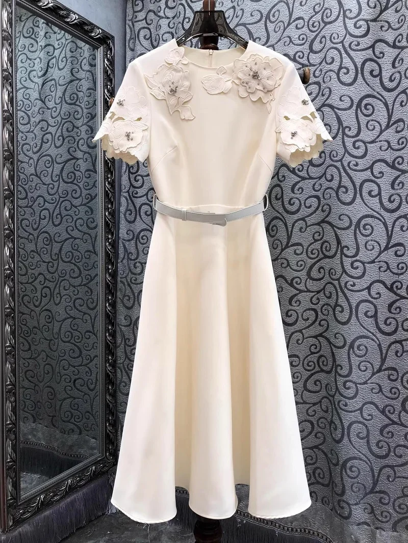 Robe à fleurs perlées faite à la main pour femmes, ceinture, manches courtes, rouge abricot, robe de soirée noire, robe balançoire, XL, nouveau, qualité supérieure, printemps, 2025