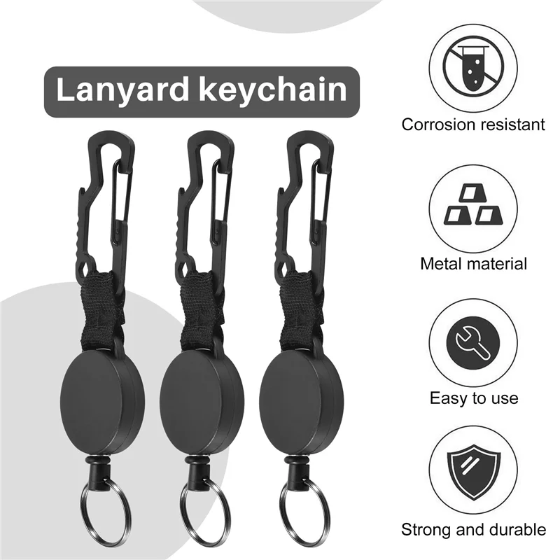 A68Z 3 Pack Retractable Keychain - Heavy Duty Badge Holder Reel With Multitool Carabiner Clip,Key Ring With Steel Wire Cord Up T