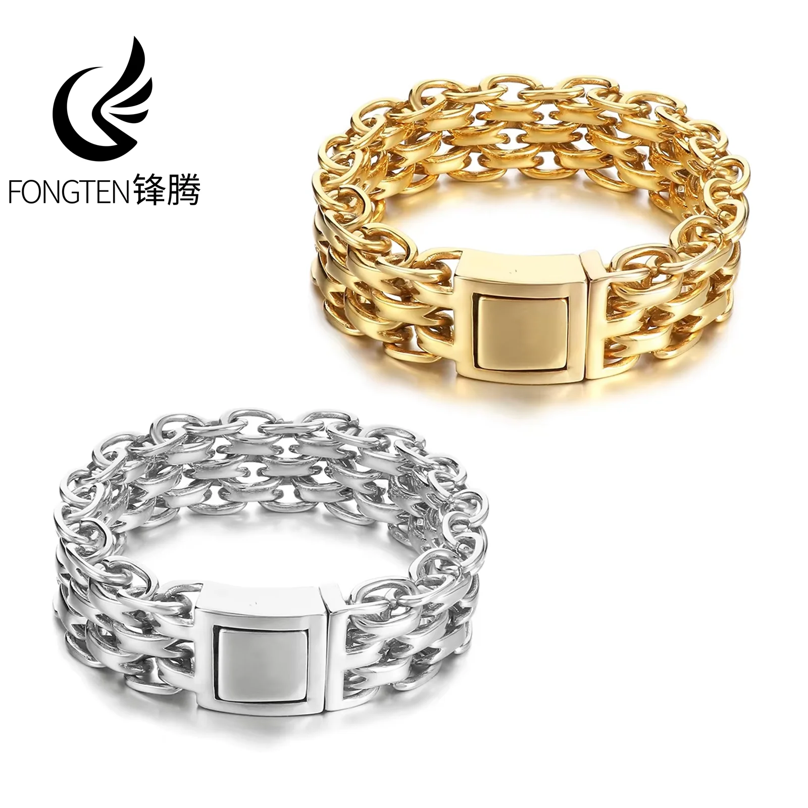 Fongten Hip Hop Creative Rough Stainless Steel Men's Bracelet Vacuum Electroplated Double Layer O Chain Fashion Jewelry Gifts