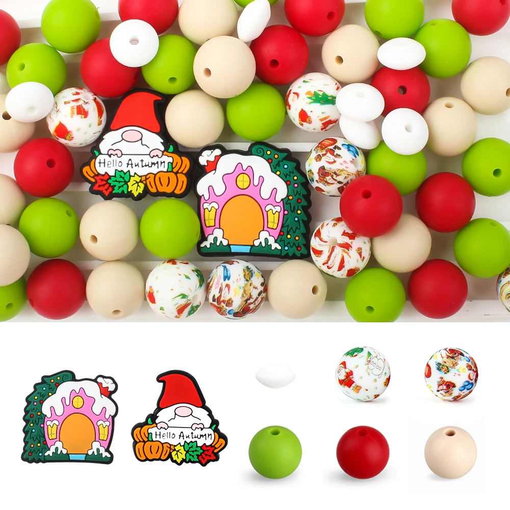 40Pcs/Set Christmas Theme Focal Beads 15mm Round Loose Silicone Beads White Beard Santa Claus Tree DIY Jewelry Keychains Crafts