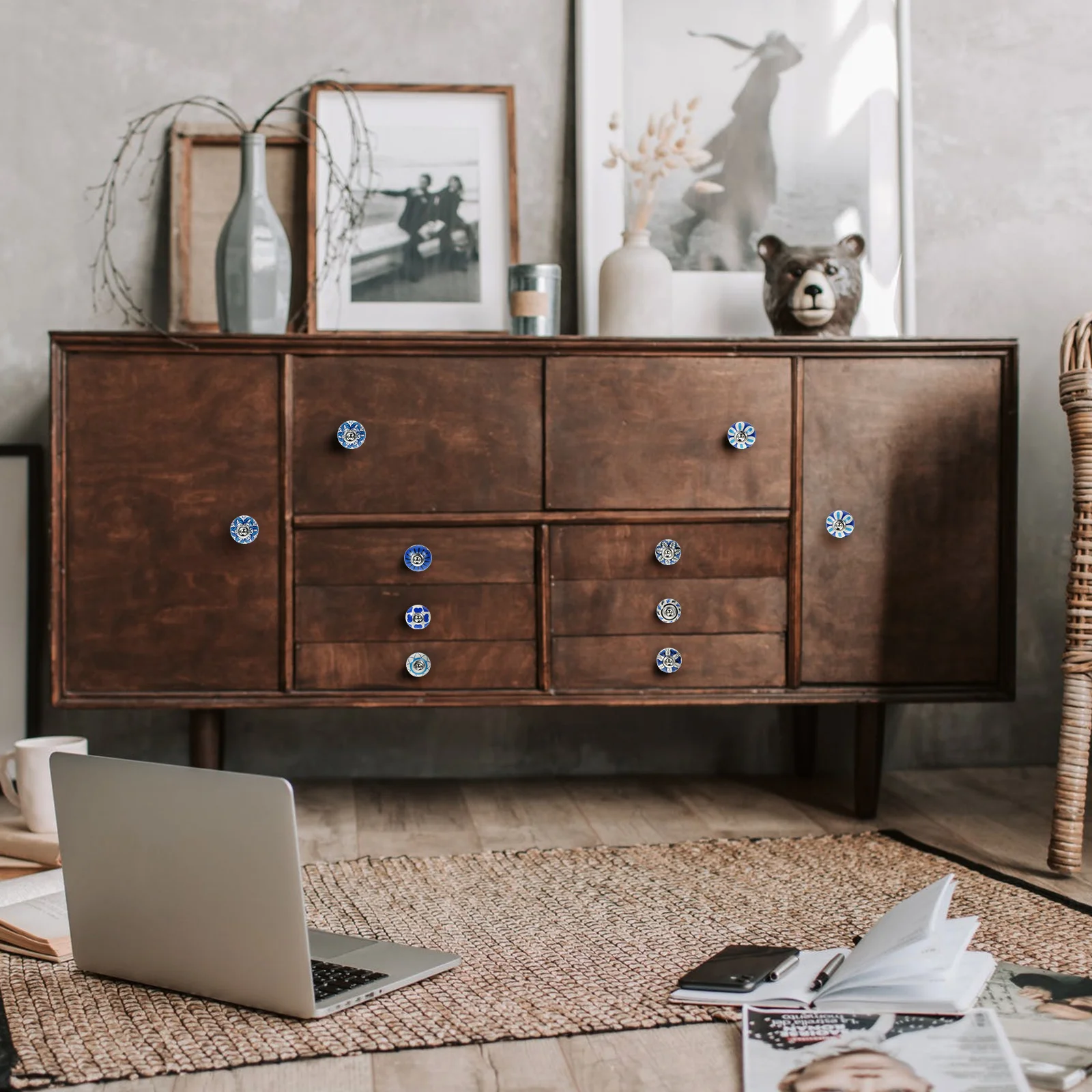 

8Pcs Blue Ceramic Handles Lightweight Cabinet Drawer Pulls Printed Pattern Smooth Comfortable Wardrobe Door Ceramic Handle