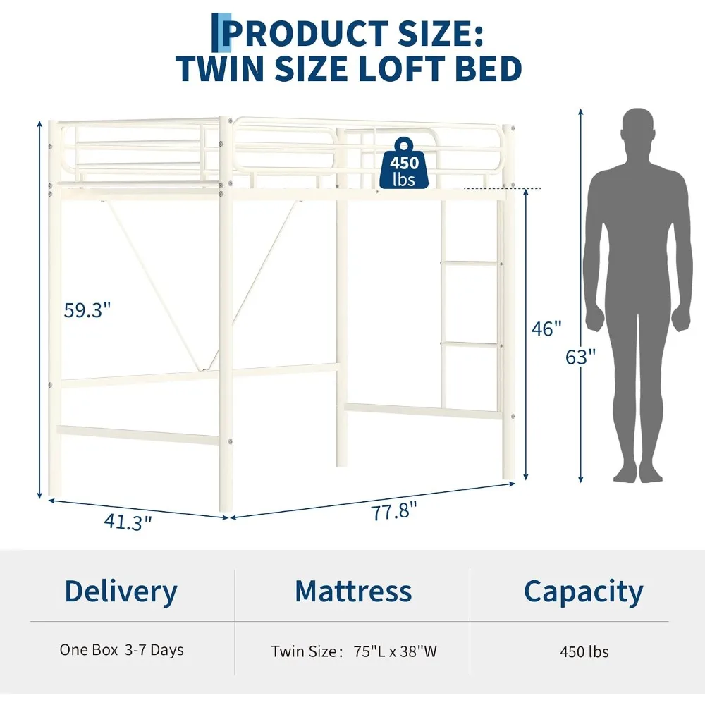 Twin Size Metal Loft Bed Frame for Kids Teens Heavy Duty Space Saving with Guardrail Beige