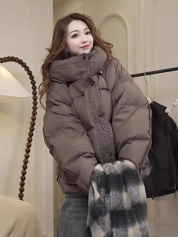 Amerykański, swobodny, ocieplany, zimowy, bawełniany płaszcz damski typu bread coat, ciepły, przytulny, mały, modny, w stylu koreańskim.