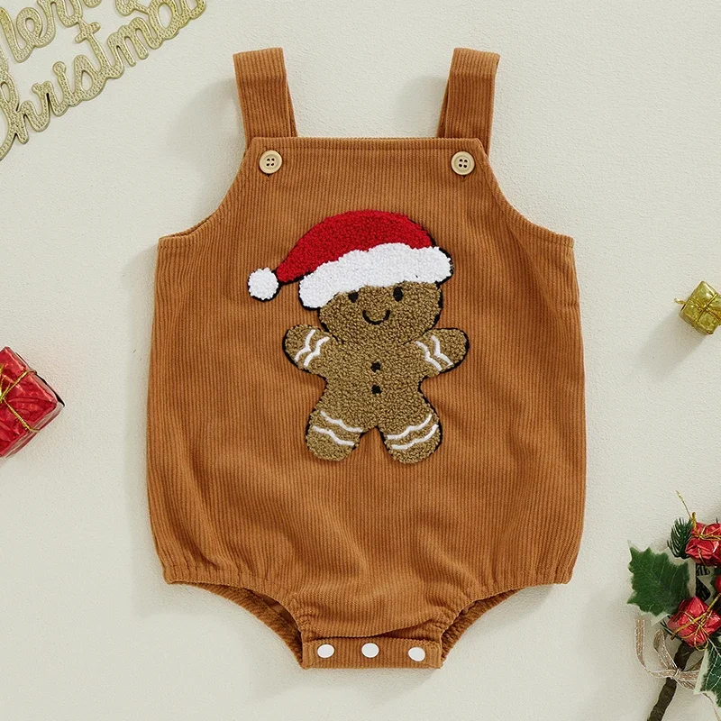 Christmas Newborn Baby Boys Girls Rompers Clothes 0-18M Gingerbread Man Hat Embroidery Sleeveless Button Jumpsuits Overalls