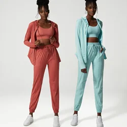 Jenny&Dave Three-piece Yoga Suit Women's Loose Sports Fitness Sets Fashion Ladies Solid Simple Zippers Jacket Tank Tops Pants