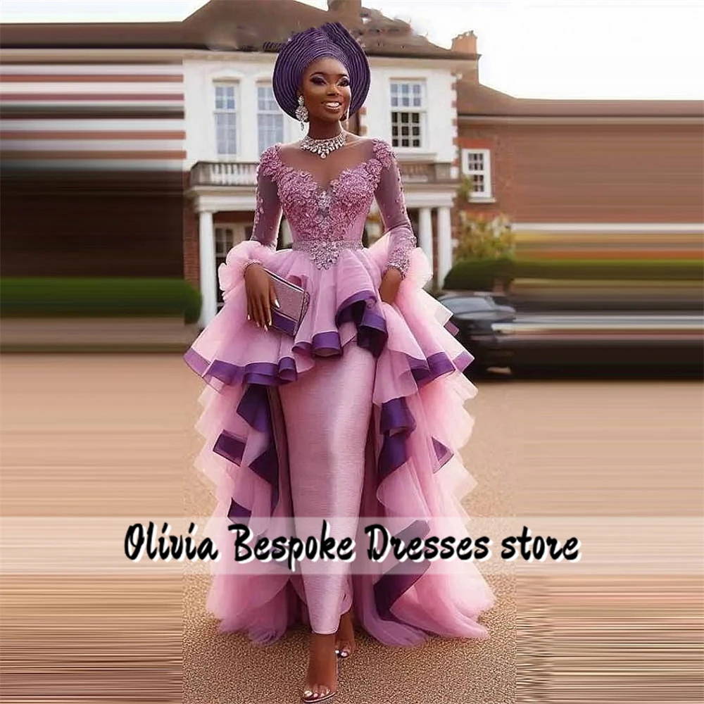 Aso Ebi Pink Formal Evening Party Dresses Long Sleeves Ruffles Lace Applique Nigerian Mermaid African Prom Dress Customized