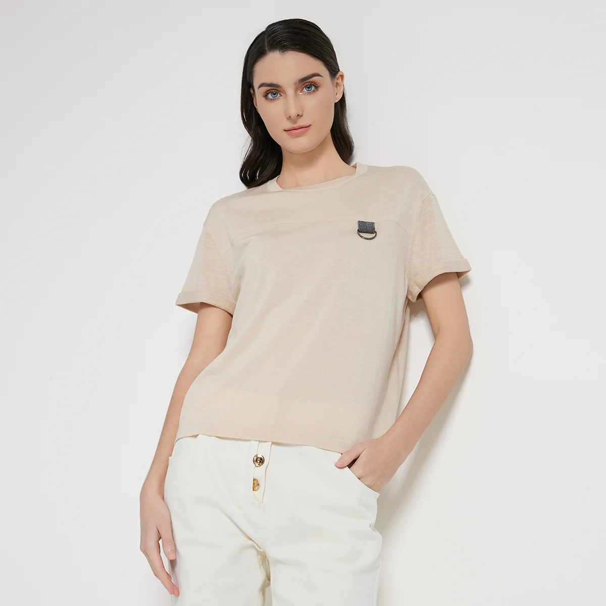 Pop BC1074 Luxury Women's Clothing 30% Mulberry Silk 70% Merino Ultra-fine Wool Pullover Knitted Sweater Crew Neck Knitted T-shi