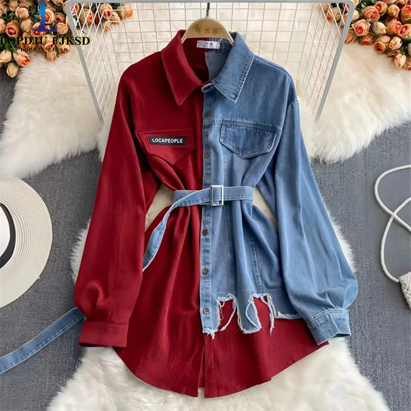 Single Breasted Cowboy Jackets for Women, Adjustable Waist Jeans Coats, Spliced Female Clothing, Spring, Autumn, New, 2024