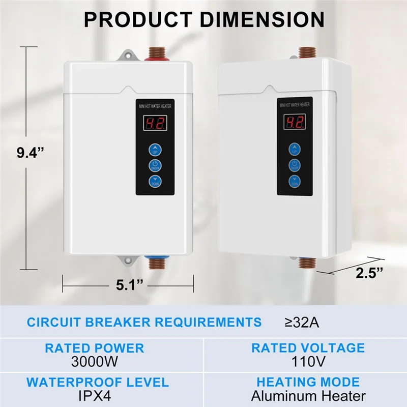AA86 الولايات المتحدة التوصيل ، 3000 واط Tankless سخان المياه الكهربائية ، سخان الماء الساخن الفوري مع جهاز التحكم عن بعد ، LCD شاشة تعمل باللمس المياه الحرارة-B Du