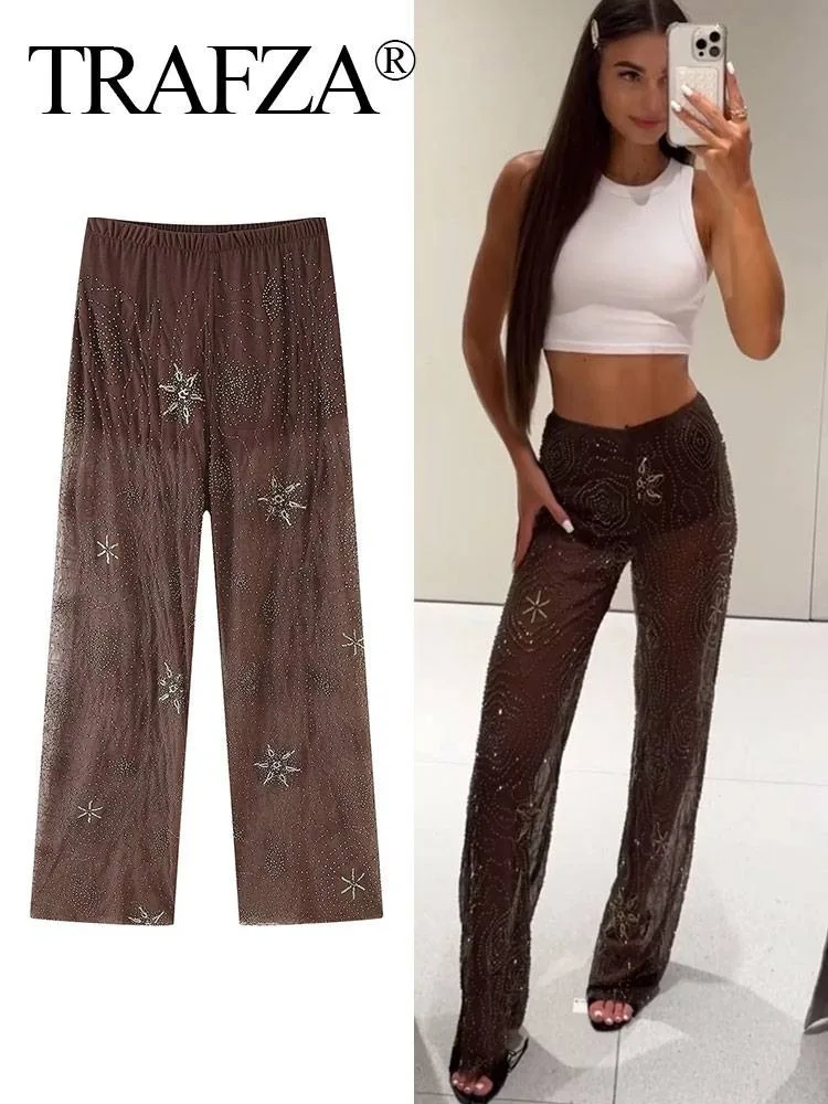 

Женские брюки весна-лето 2025, брюки с бисером, коричневые брюки, полупрозрачные брюки с пайетками, брюки с высокой талией, женская уличная одежда