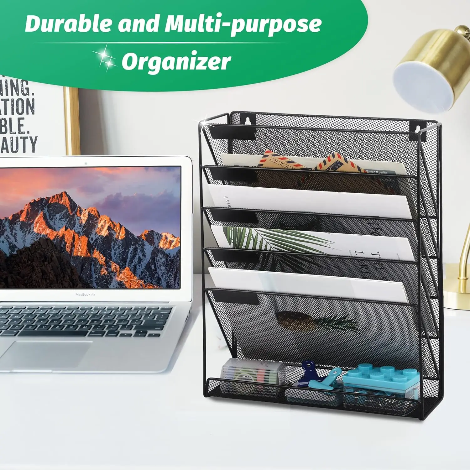 Desk File Organizer Mesh 5-Tier, Hanging Wall Mount Document Organization Stand, Desktop Vertical Mail Paper Folder Holder Rack