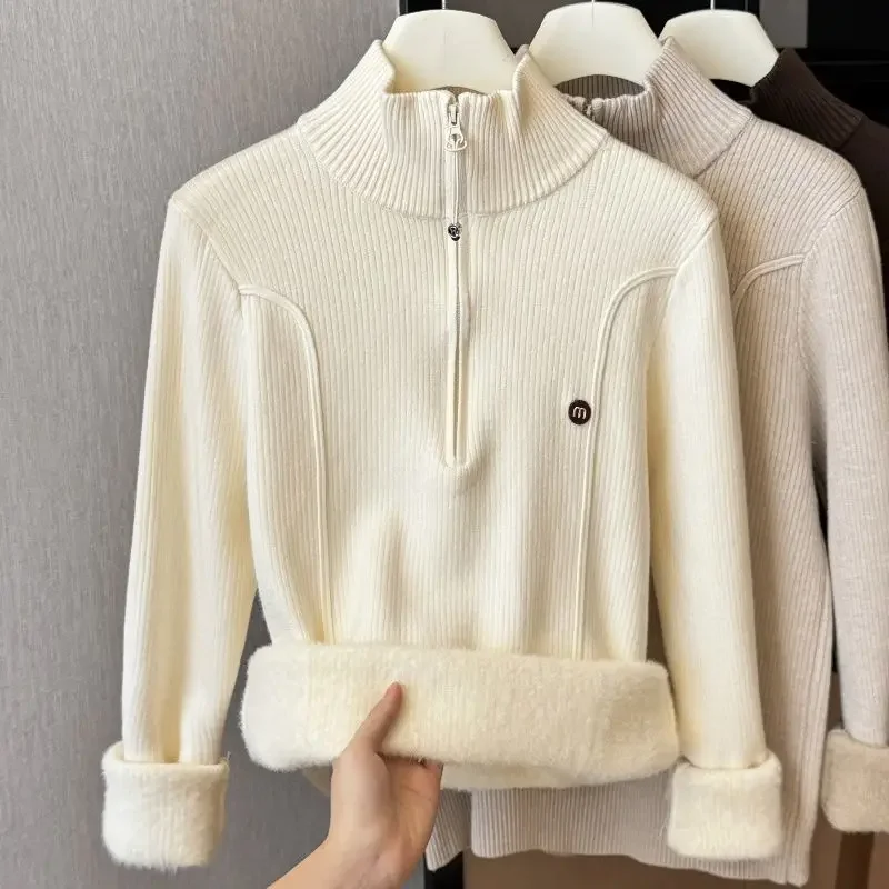 Plus Fleece Verdicken Solide Pullover Frauen Halb Hohen Kragen Stickerei Gestrickte Herbst Winter Im Freien Elastische Alle-spiel Pullover