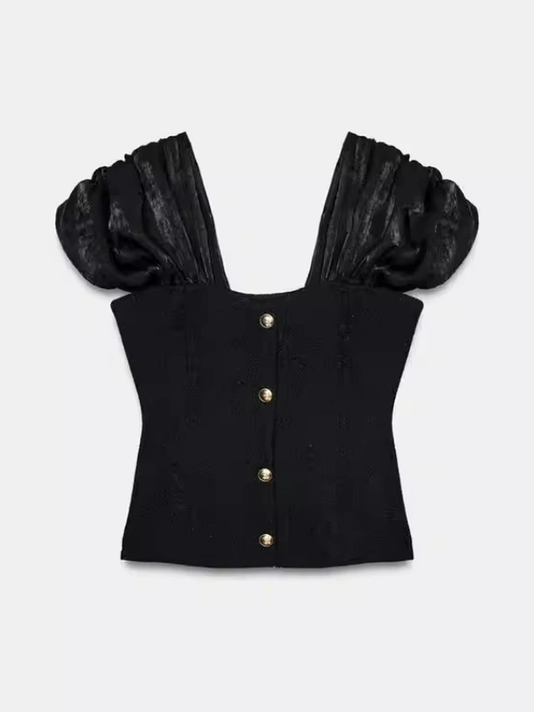 

Spring 2026 Women's Pure Desire Bubble Sleeve Tweed Patchwork Shirt Top Vintage Style Slim Fit Polyester Fiber Non Deformable