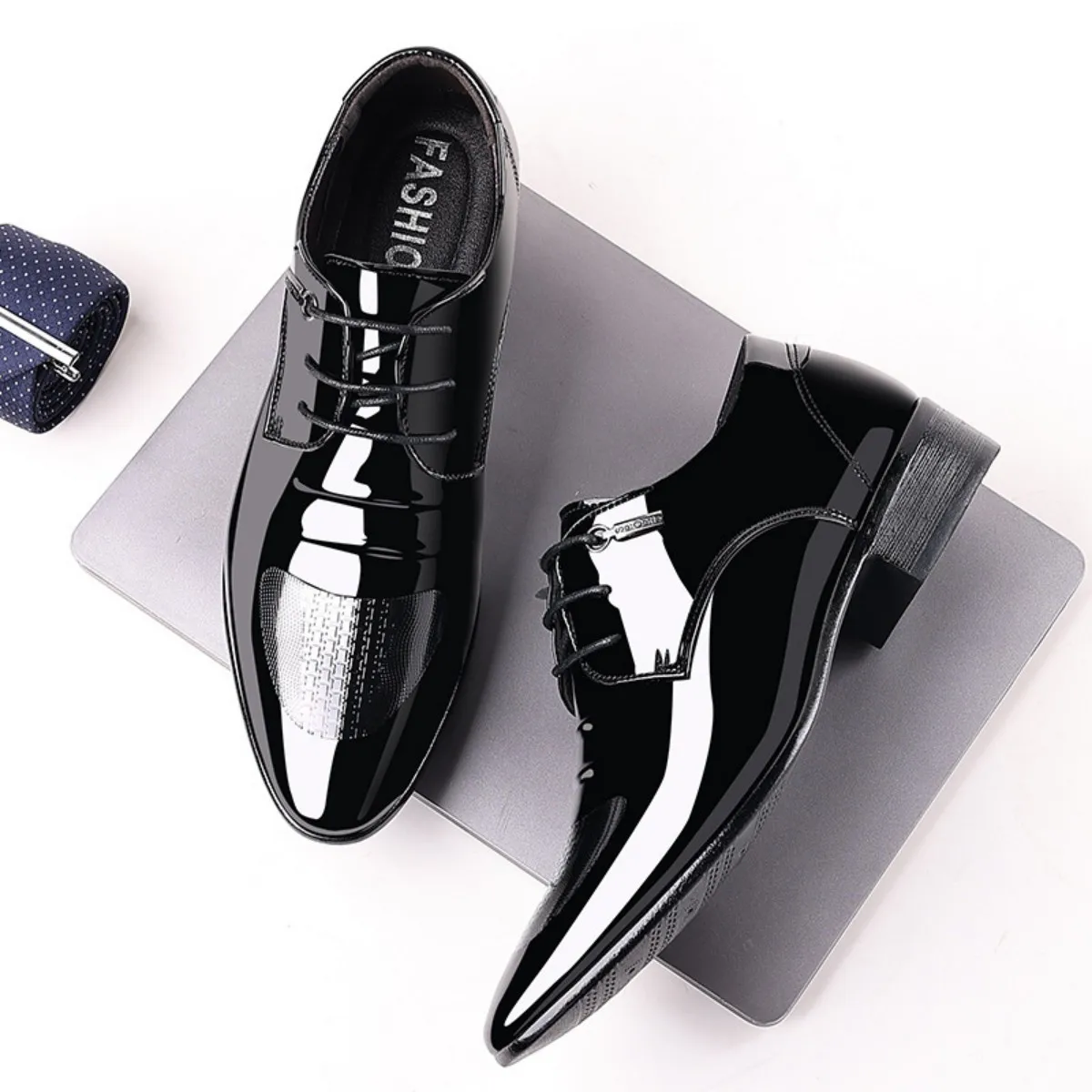 Men's Casual Dress Shoes Mesh Pattern Derby Shoe Classic Lace-up Pointed Formal Oxford Tuxedo Shoes For Men - Image 5