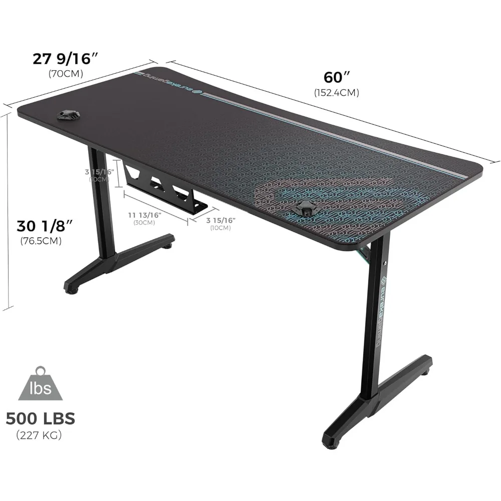 60 Mesa curvada ergonômica com mouse pad, mesa de escritório grande para 3 monitores, suporte para copos incluído