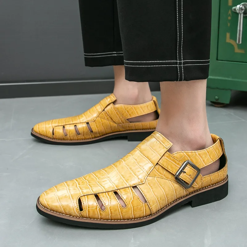 

High Quality Men's Yellow Sandals 2025 Fashion Summer Business Sandals Men Comfort Pointed Man Leather Sandals sandalias hombre