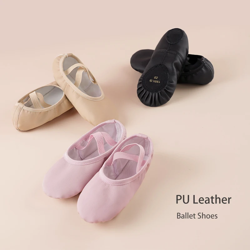 Girls Kids PU Leather Ballet Shoes Dance Slippers Soft-soled Ballet Shoes Soft Gymnastics Yoga Dance Training Shoes for Child