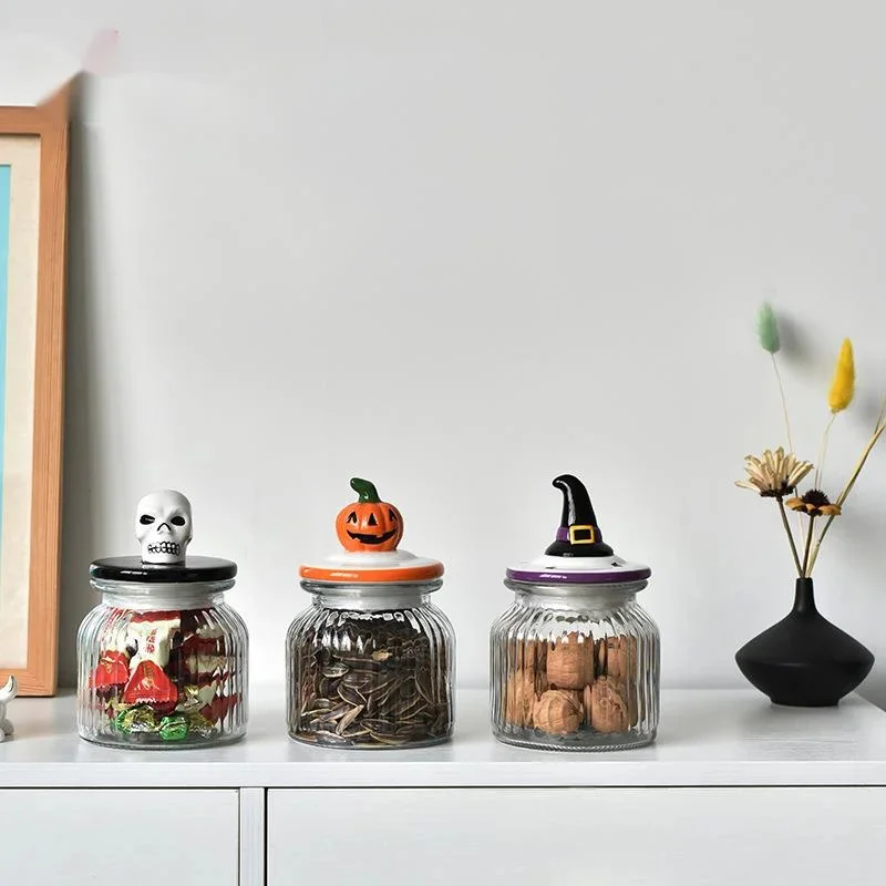 

Food Storage Jar 3D Ceramic Pumpkin Witch Skull Skeleton Halloween Decor Clear Glass Bottle Candy Dried Fruit Storage Container