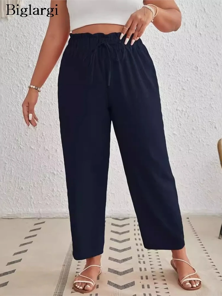 Plissado de perna larga feminina com elástico na cintura alta, calça feminina casual, longa, plus size, moda coreana, outono