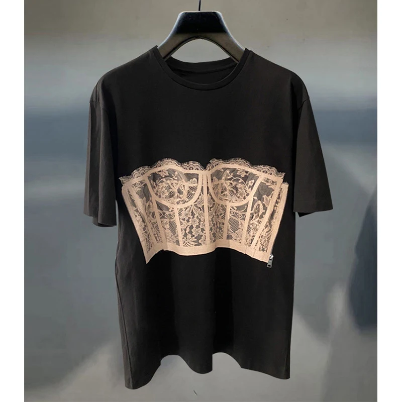 Summer New Round Neck Three-dimensional Lace Strapless Front And Back Printed Short Sleeved Top T-shirt For Women