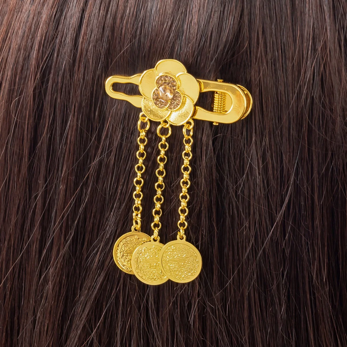Gold Plated Turkish Coin Tassel Hair Clips Women's Kurdish Bridal Totem Hair Jewelry Arabic Festival
