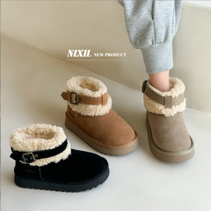 2024 Winter New Girls' Snow Boots Matte Cotton Boots Fashion Sheep Cake Wool Children's Warm Boots Black Size 26-40