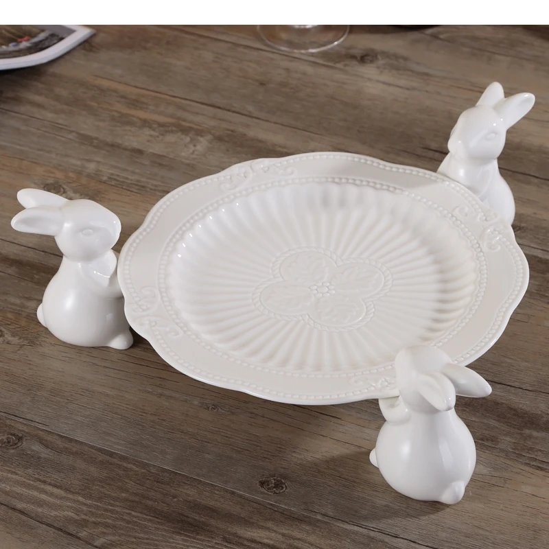 

European Style White Rabbit Ceramics Fruit Plate Wedding Dessert Display Stand Restaurant Tableware Decoration