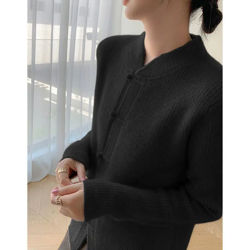 Chinese Style Frog Mock Neck Knitting Cardigan Coat Women Autumn Winter Warm Sweater Elegant All-match Temperament Knitwear Tops