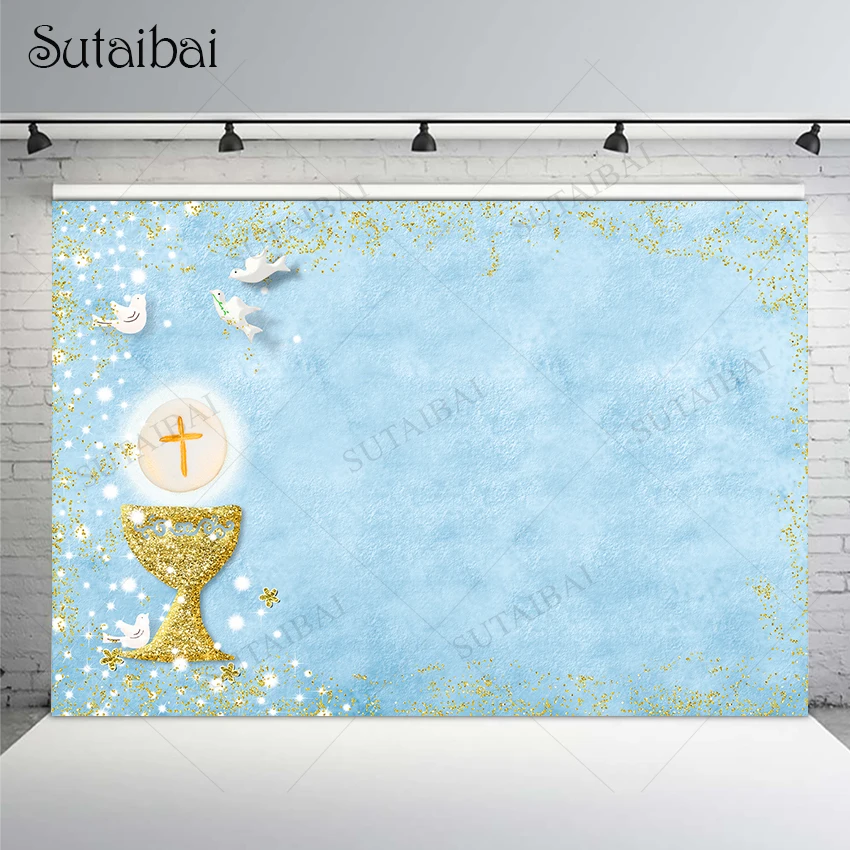 

God Bless My First Communion Backdrop Boy Baptism Party Holy Communion Christening Banner Decor Baby Shower Background Props