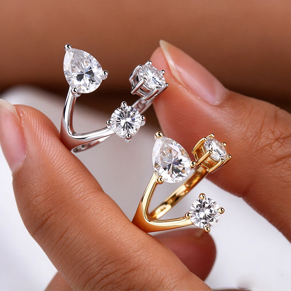 2.25cttw Pear & Round Cut Moissanite Open Ring for Women S925 Silver Plated 18k 3-Stones Lab Diamond Adjustable Wedding Jewelry