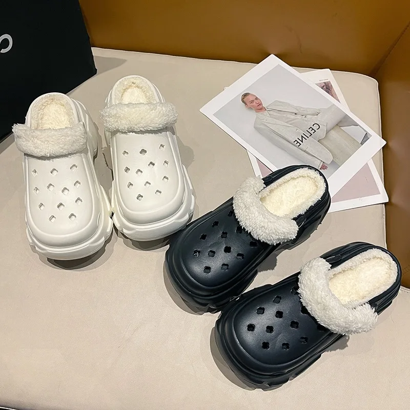

Waterproof Slippers Women Men Fur Lined Clogs Winter Garden Shoes Warm House Slippers Indoor Outdoor Mules non slip garden shoes