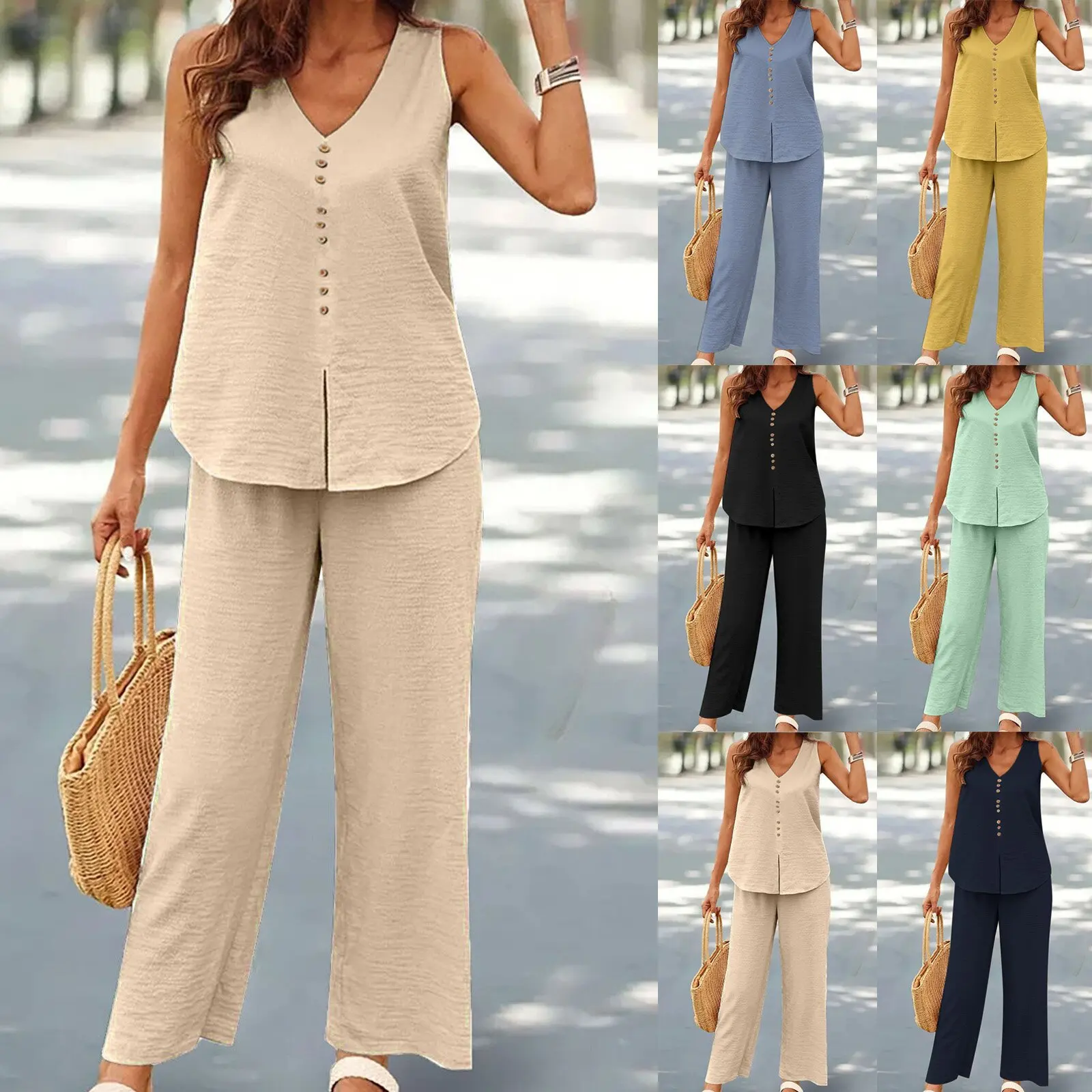 Fashion Button Sleeveless Tank Tops Women Wide Leg Pant Set 2023 Summer Outfit Casual Lady Elegant Loose Suits 2pcs Matcing Sets