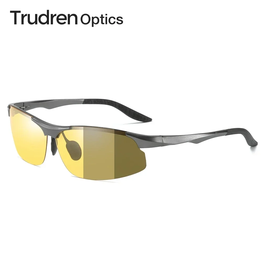 Trudren Men's Aluminum Semi-rimless Sports Photochromic Glasses Light Adaptive Lens Day Night Vision Eyewear for Running 5007