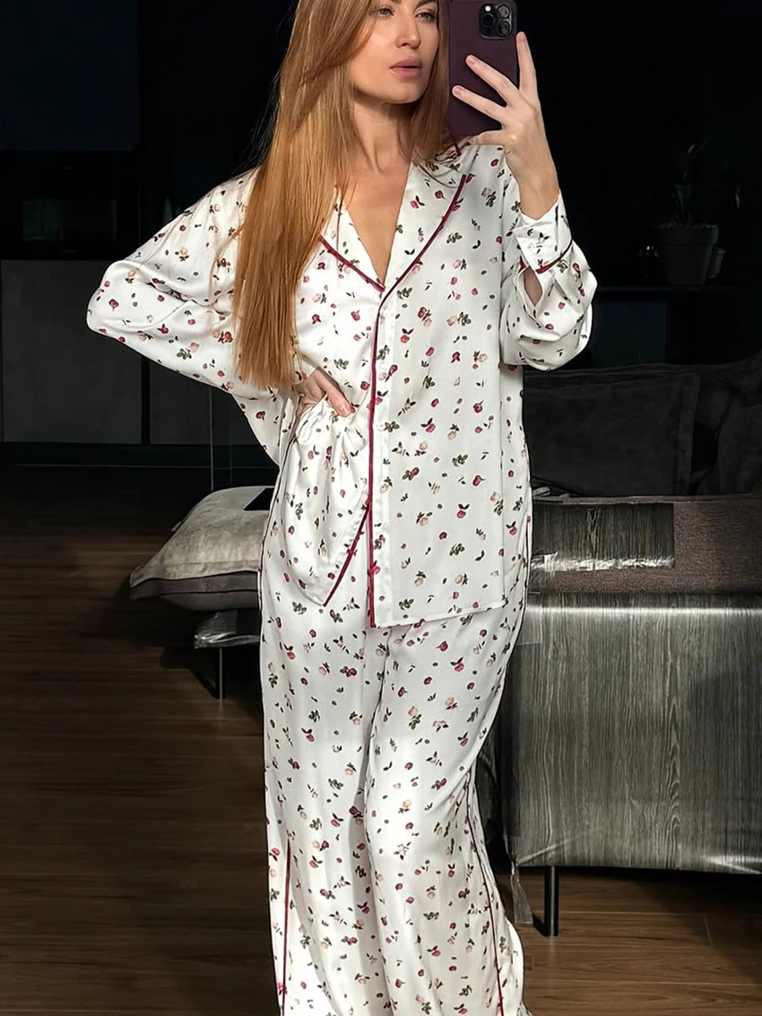 Marthaqiqi Casual Female Sleepwear 2 Piece Suit Turn-Down Collar Nightwear Long Sleeve Nightgowns Pants Loose Home Clothes Women