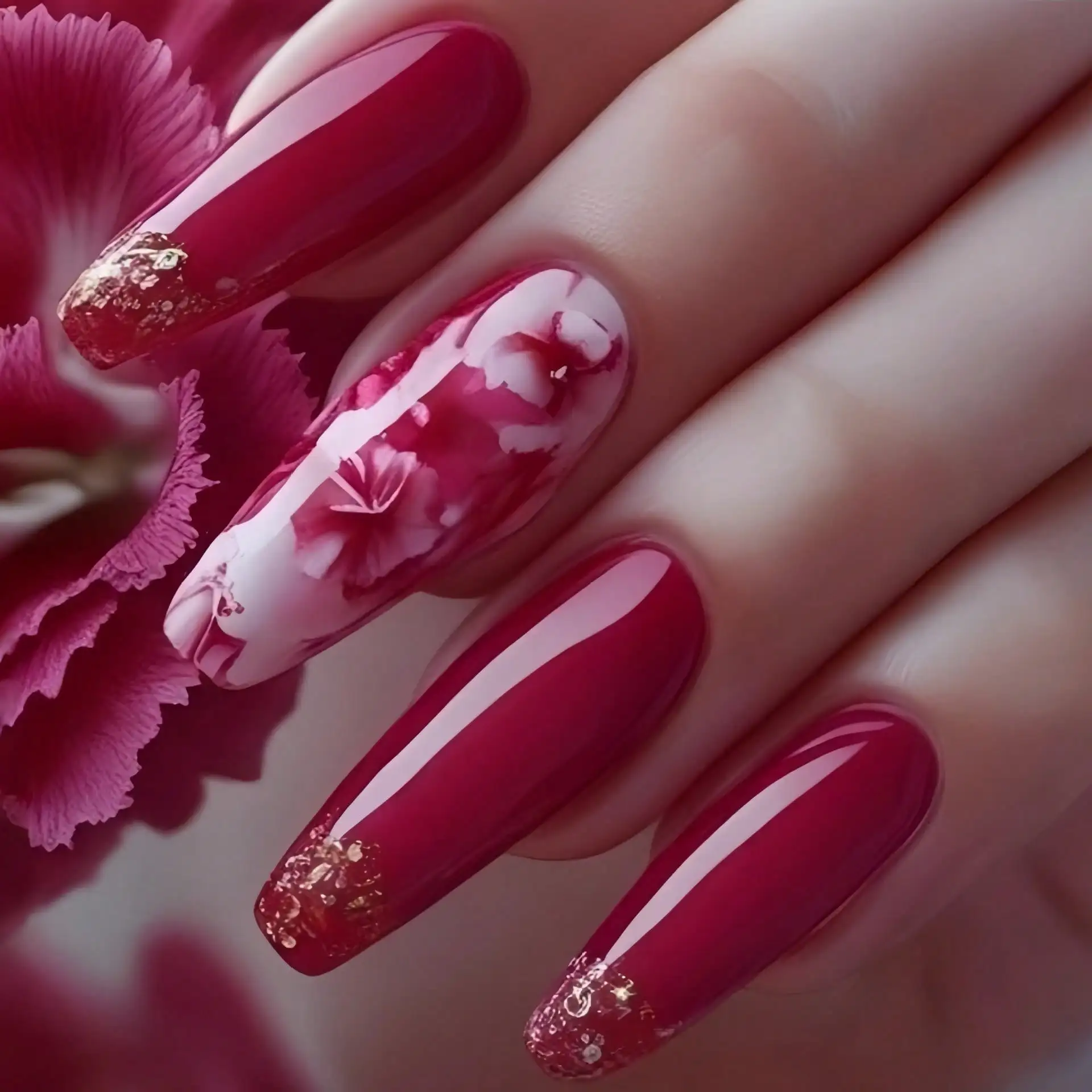 

24Pcs INS Style Red Rose Long Ballet Nails, European Fashion Removable Press On Nails For Valentine's Day