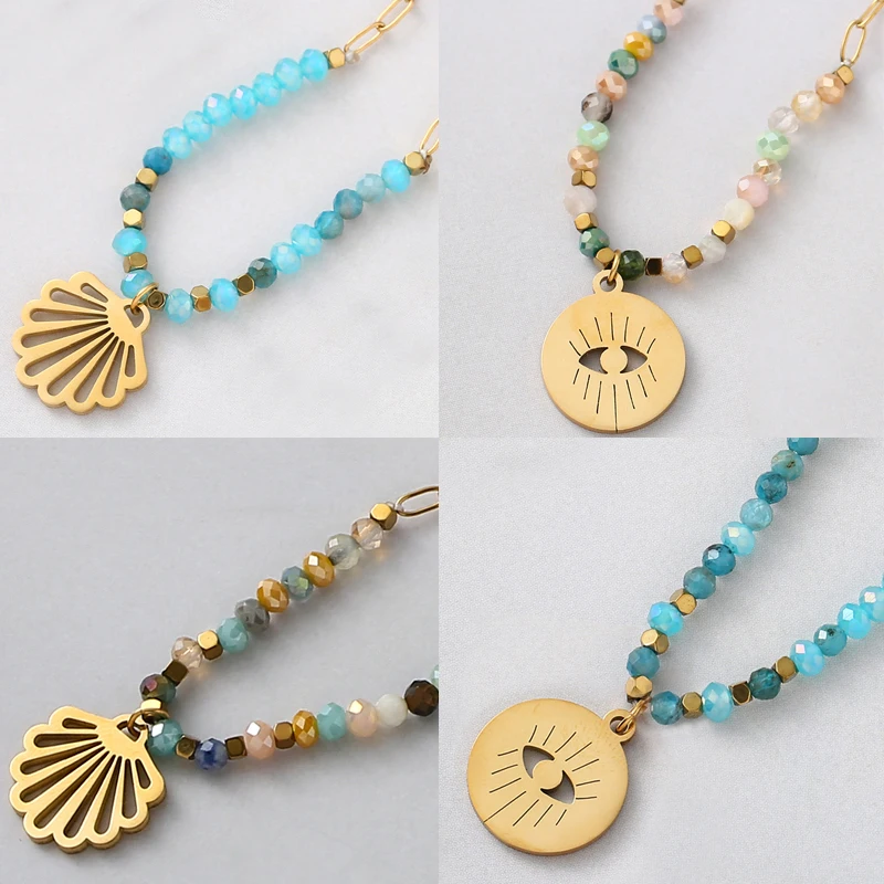 

Boho Handmade Leaf Evil Blue Eyes Pendant Necklaces for Women Stainless Steel Chain Necklace Fashion Clavicle Necklace For Women