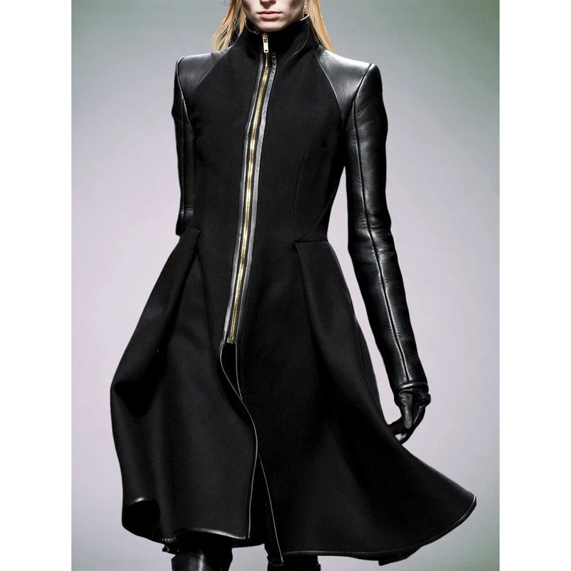 Krisnanas Women’s Black A-Line Jackie Coats 2024 Long Sleeves Split-Front Split-Joint Zipper Stand Collar Outerwear